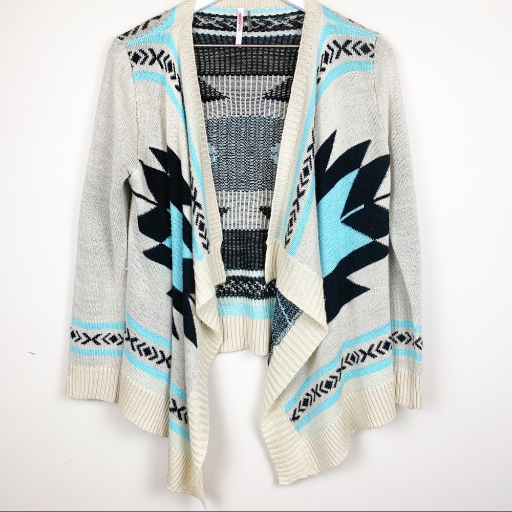 Open-Front Geometric Knit Cardigan Sweater - Cream & Light Blue